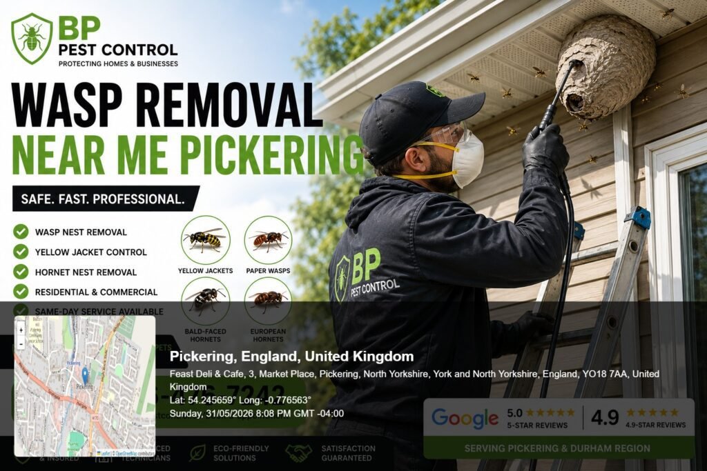 wasp removal near me pickering technician safely removing an active wasp nest from a residential property in Pickering Ontario.