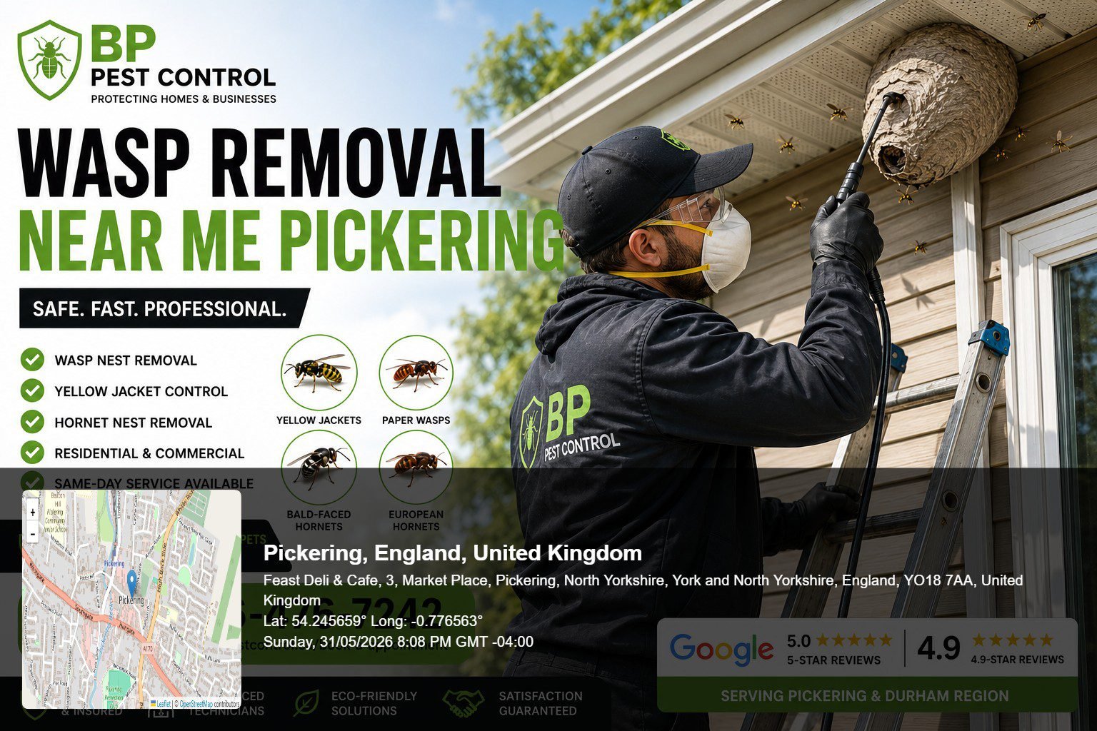 wasp removal near me pickering technician safely removing an active wasp nest from a residential property in Pickering Ontario.