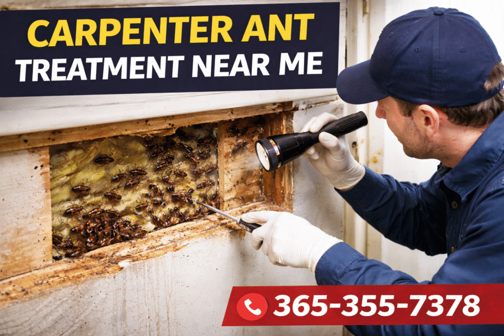 Carpenter Ant Control Whitby technician inspecting wood damage and treating a carpenter ant infestation in a residential home