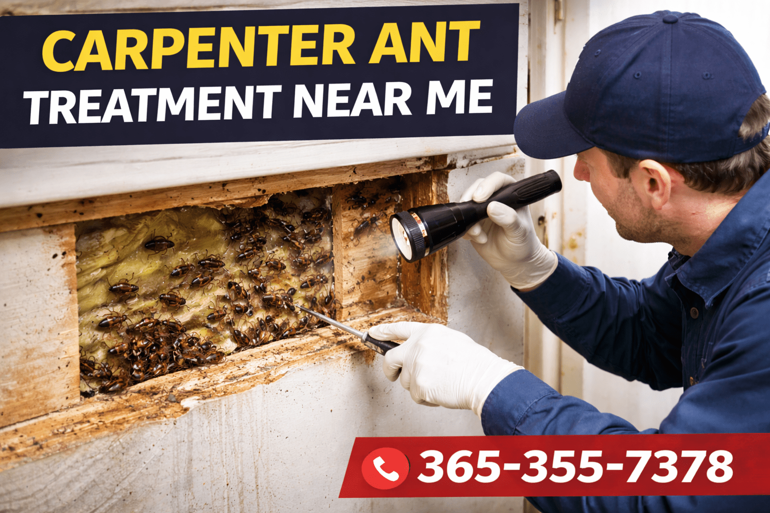 Carpenter Ant Control Whitby technician inspecting wood damage and treating a carpenter ant infestation in a residential home