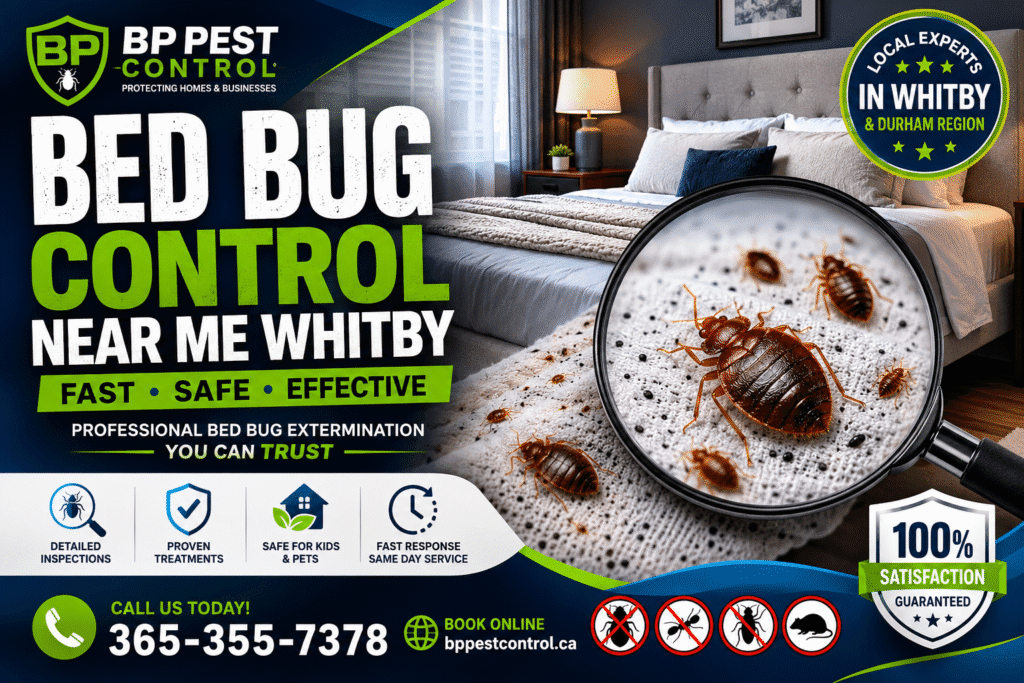 Bed bug control near me Whitby service by BP Pest Control featuring a technician inspecting a mattress, professional bed bug extermination, heat treatment solutions, detailed inspections, same-day service, and effective bed bug removal in Whitby and Durham Region.