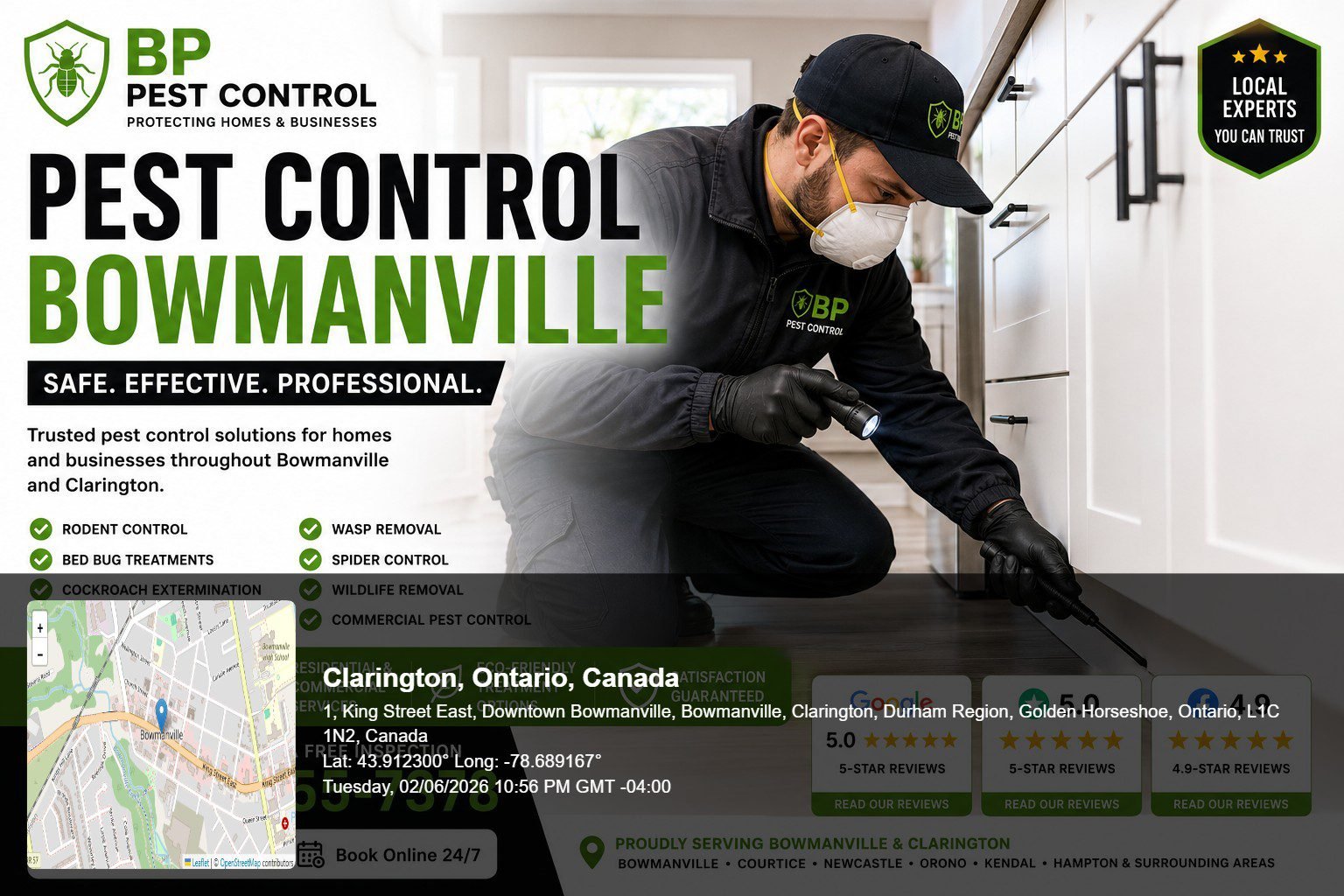 Pest Control Bowmanville technician performing professional pest inspection and extermination services at a residential property in Bowmanville Ontario.