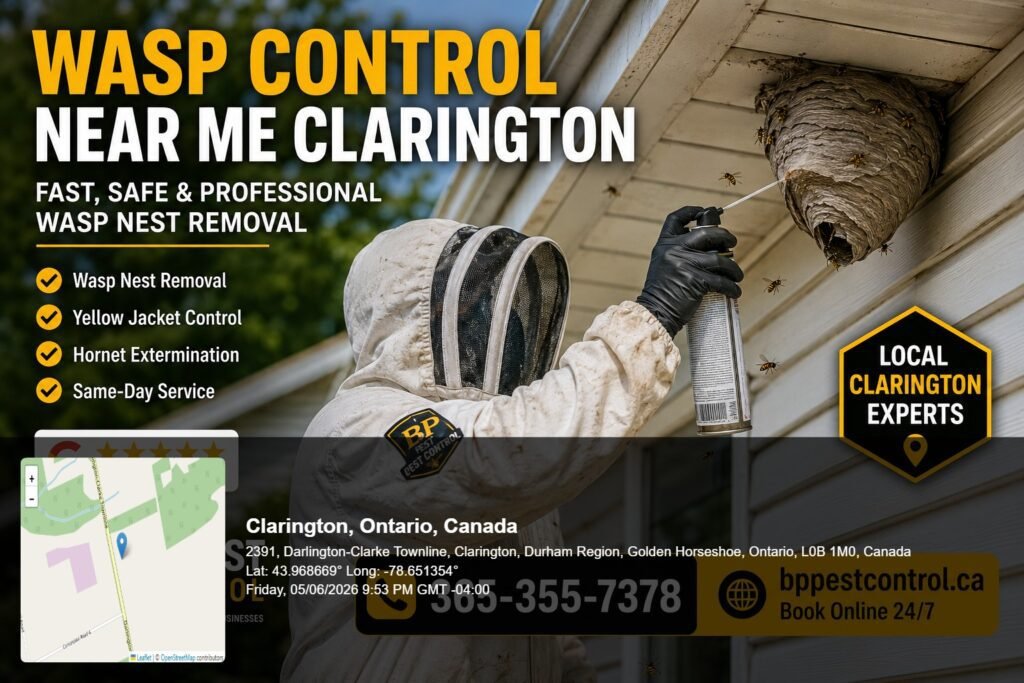 Wasp Control Near Me Clarington technician removing an active wasp nest from a residential property in Clarington Ontario.